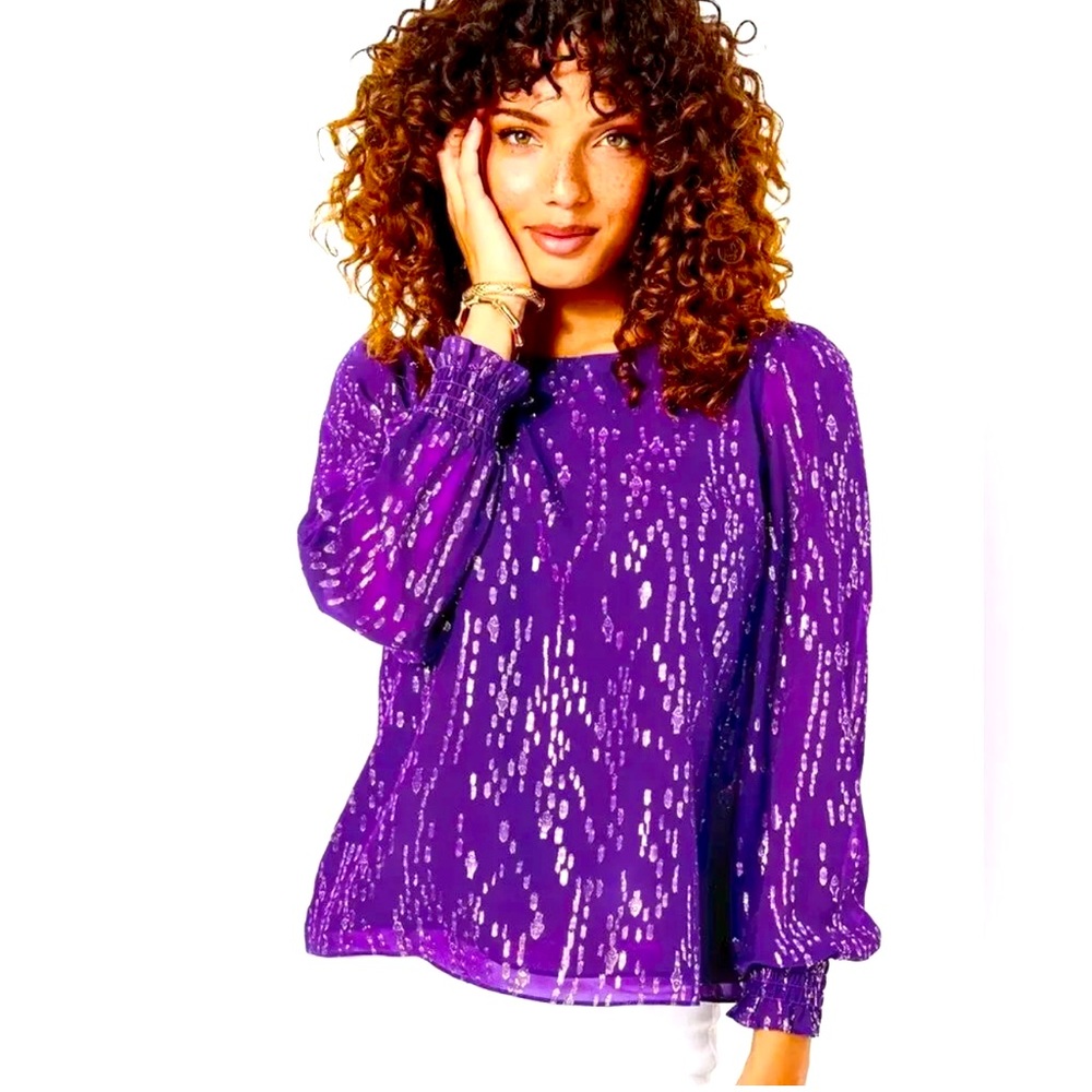 EUC Lilly Pulitzer Idina Long Sleeve Silk Top Purple Berry Fish Clip Chiffon